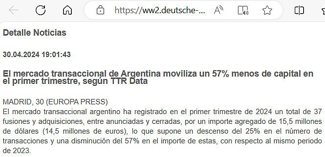 El mercado transaccional de Argentina moviliza un 57% menos de capital en el primer trimestre, segn TTR Data